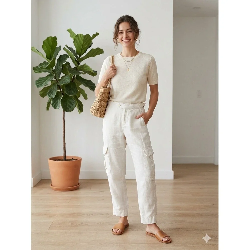 Banana Republic Off White 100% Linen Old Money Cargo Pants High Rise Size 6